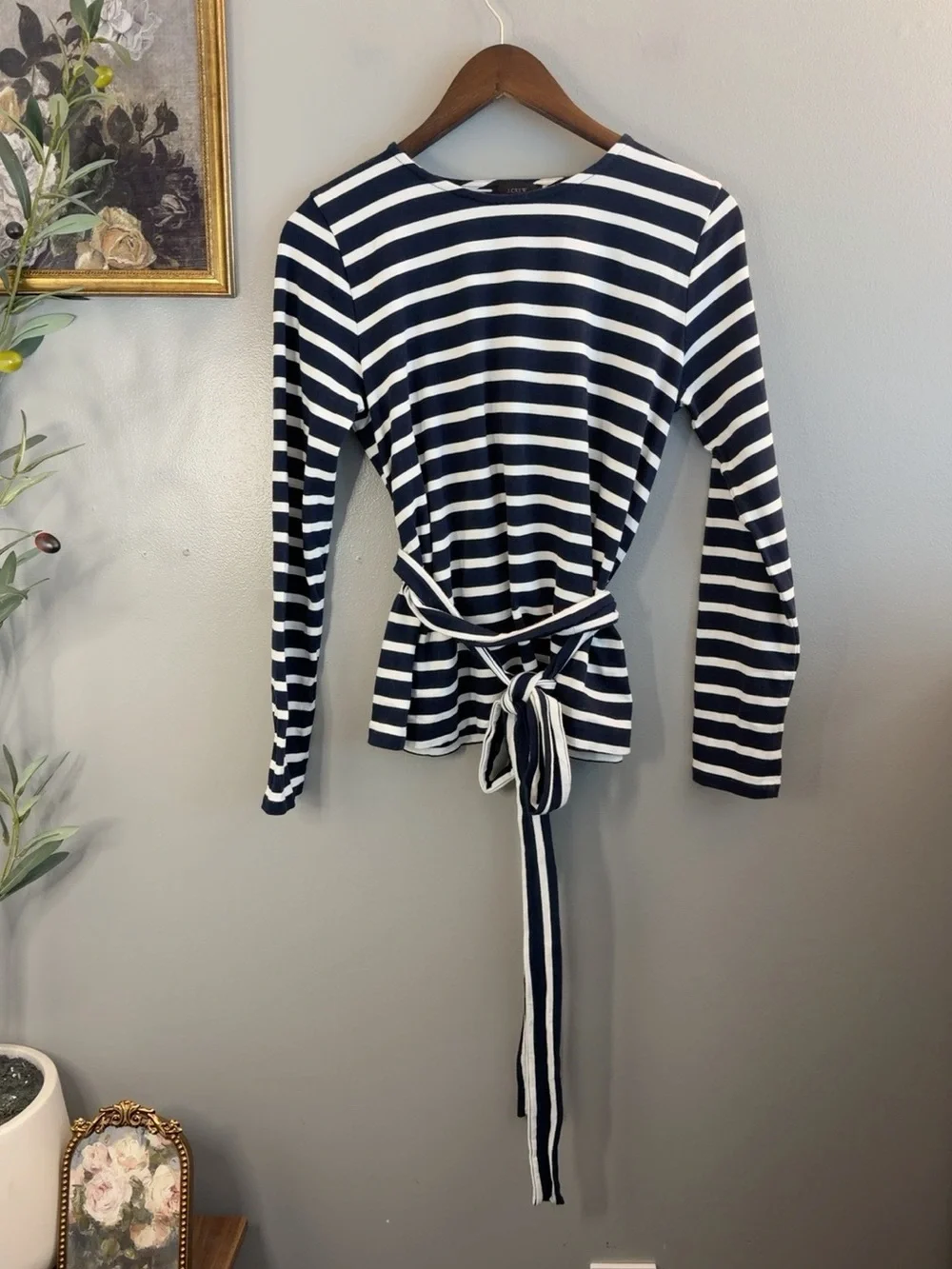 J.Crew Navy White Striped Crossover Back Tie Waist Cotton Top Small